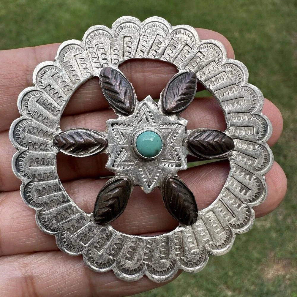 Native 1930s Brooch 2.25 Inch UITA2 Silver Copper Turquoise CG Wallace‎ 18.6g
